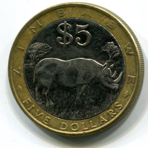2001 Zimbabwe Bimetallic Rhino $5 Coin (b489-2) - Picture 2 of 2